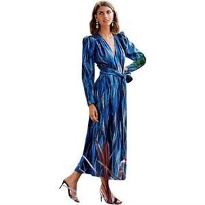 Happy Nature Blue Feather Print Wrap Midi Kate Hudson Dress